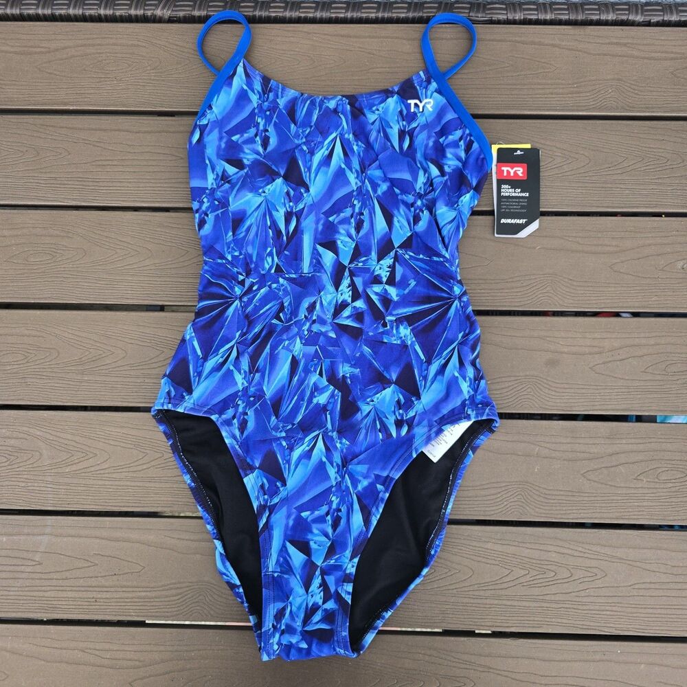 TYR Women's Durafast Blue Crystallized Cutoutfit One Piece Swimsuit Sz 32 New